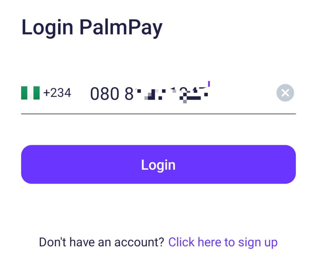 PalmPay Login with Phone Number